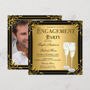 Champagne Faux Gold Black Engagement Party Photo Invitation