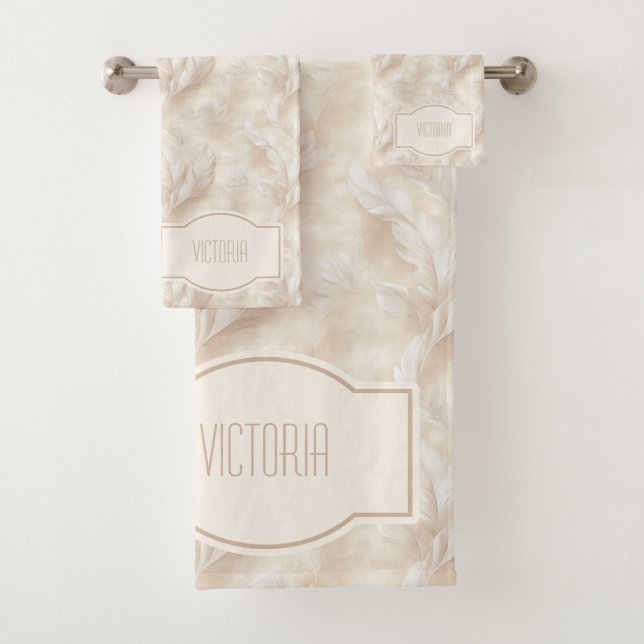 Champagne Feathers Delicate Tan Monogrammed Bath Towel Set (Insitu)
