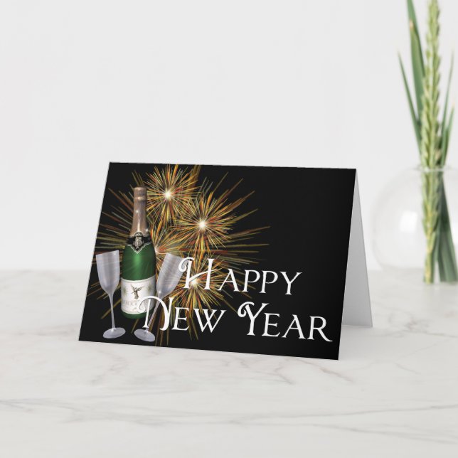 Champagne & Fireworks Happy New Year Greeting Card (Front)
