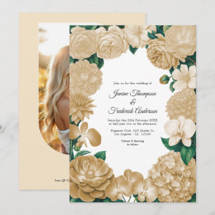Champagne Floral Photo and QR Code Wedding Invitation