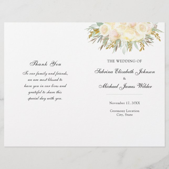Champagne  Floral Wedding Folded Program Flyer (Front)