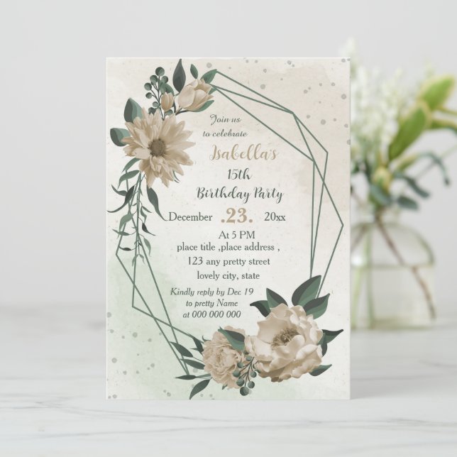 champagne flowers greenery birthday invitation (Standing Front)