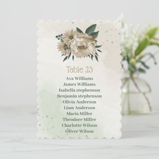 champagne flowers greenery seating chart card (Standing Front)