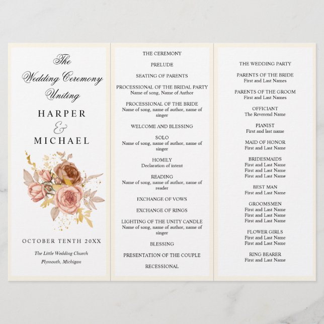champagne flowers Tri-Fold wedding program (Front)