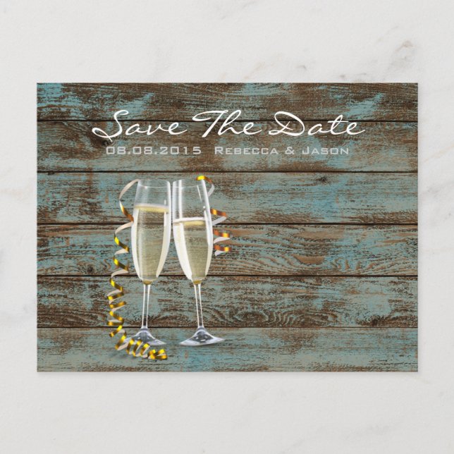 champagne flutes rustic blue barn wedding announcement postcard (Front)