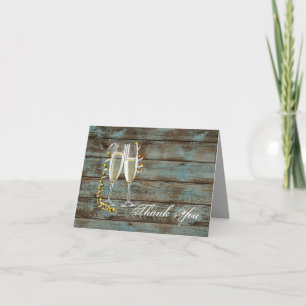 champagne flutes rustic blue barn wedding thank you card