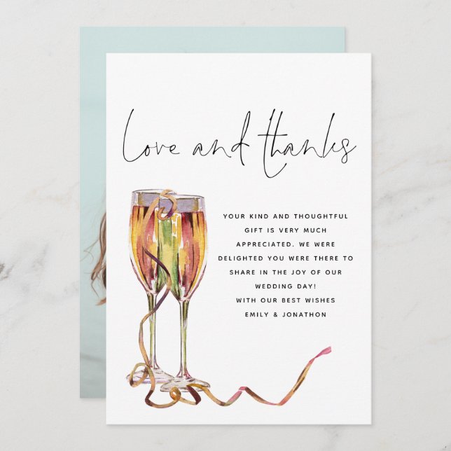 Champagne Flutes Script Photo Wedding Thank You Card (Front/Back)