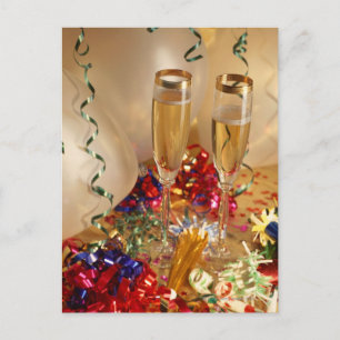 Champagne flutes, streamers and noisemakers postcard