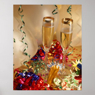 Champagne flutes, streamers and noisemakers poster