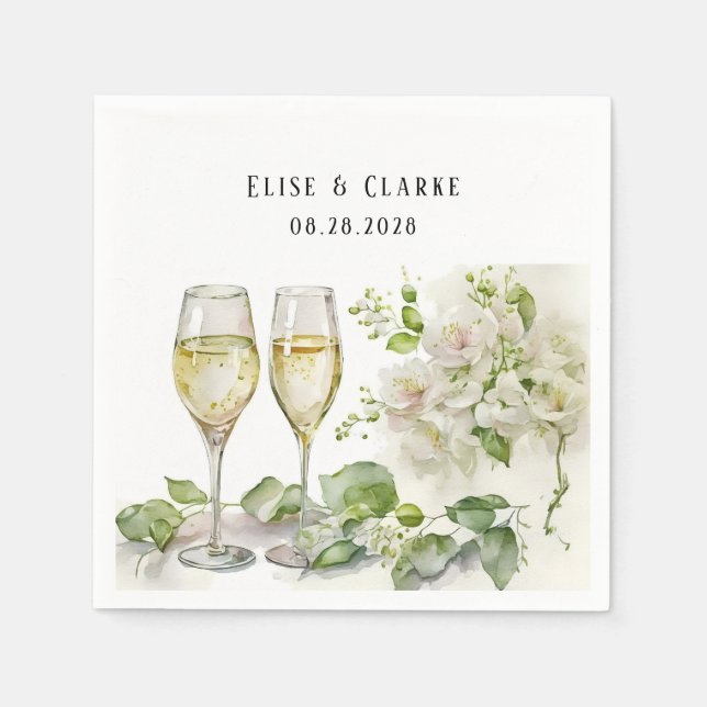 Champagne Glass and Florals Custom Wedding Napkin (Front)