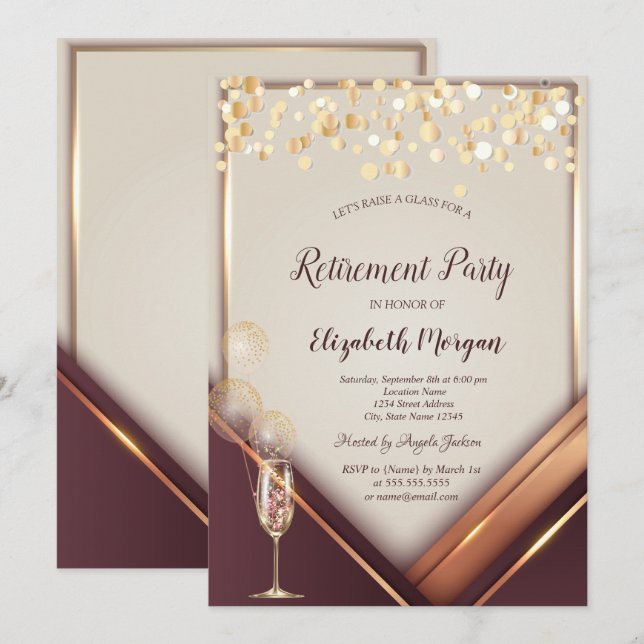 Champagne Glass Balloons Gold Frame Retirement  Invitation (Front/Back)