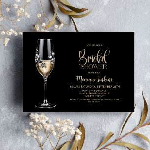 Champagne Glass Black White Floral Bridal Shower Invitation