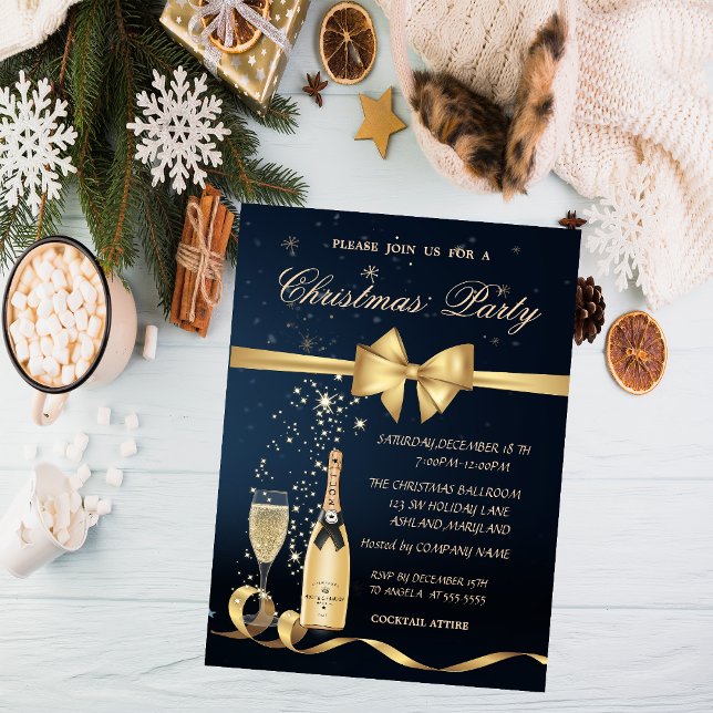 Champagne Glass Bottle, Gold Bow Christmas Party Invitation (Creator Uploaded)