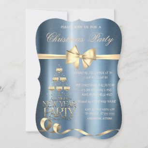 Champagne Glass Bow Blue Metallic Christmas Invitation