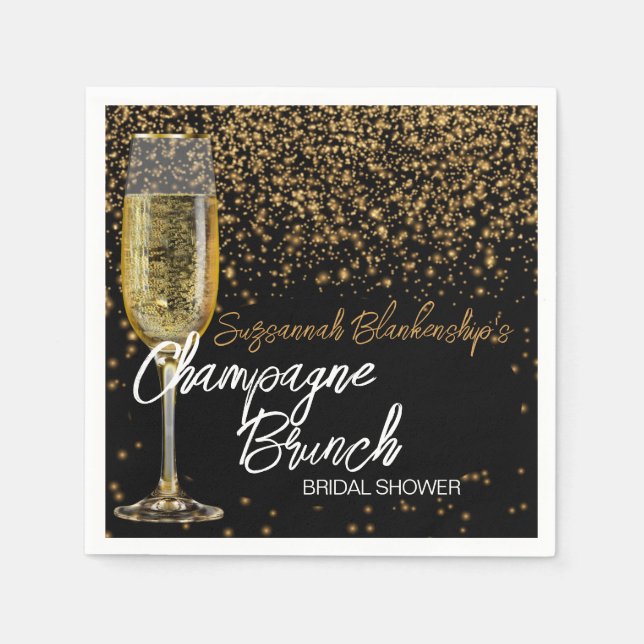 Champagne Glass Brunch Bridal Shower Gold Bokeh Napkin (Front)