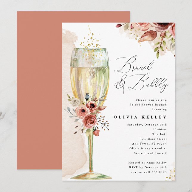 Champagne Glass Brunch & Bubbly Boho Bridal Shower Invitation (Front/Back)