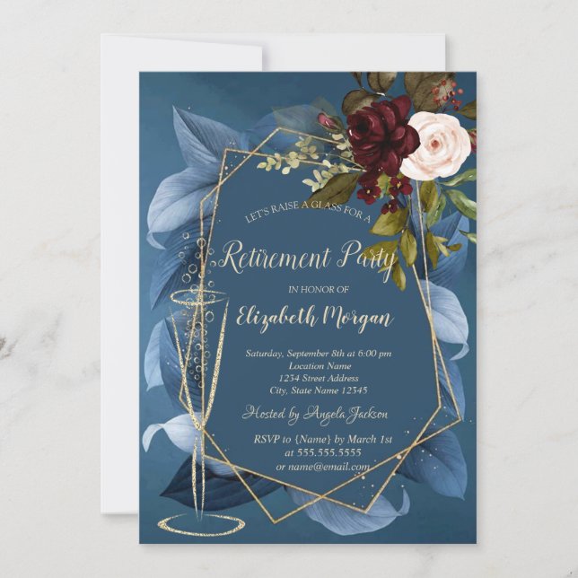Champagne Glass Burgundy Roses Blue Retirement  Invitation (Front)