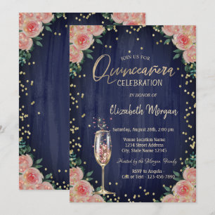 Champagne Glass Diamonds Flowers Quinceañera  Invitation