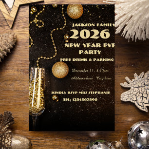 Champagne glass edited black, gold new year invitation