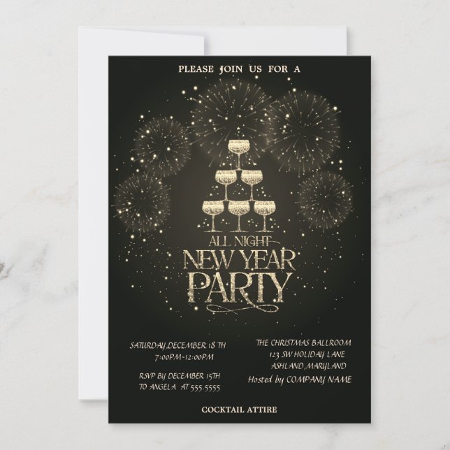 Champagne Glass Fireworks Christmas Company  Invitation (Front)