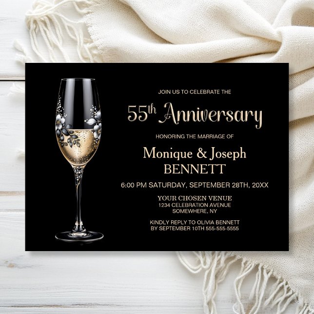 Champagne Glass Floral 55th Wedding Anniversary Invitation (Creator Uploaded)