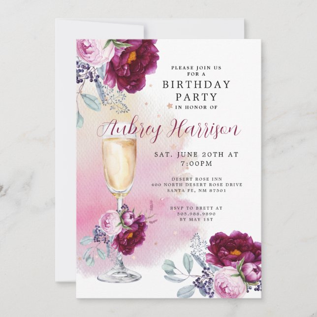 Champagne Glass Floral Birthday Invitation (Front)