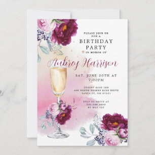 Champagne Glass Floral Birthday Invitation