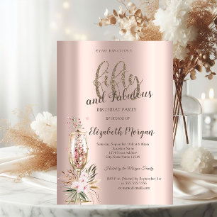 Champagne Glass Flowers Rose Gold 50th Invitation