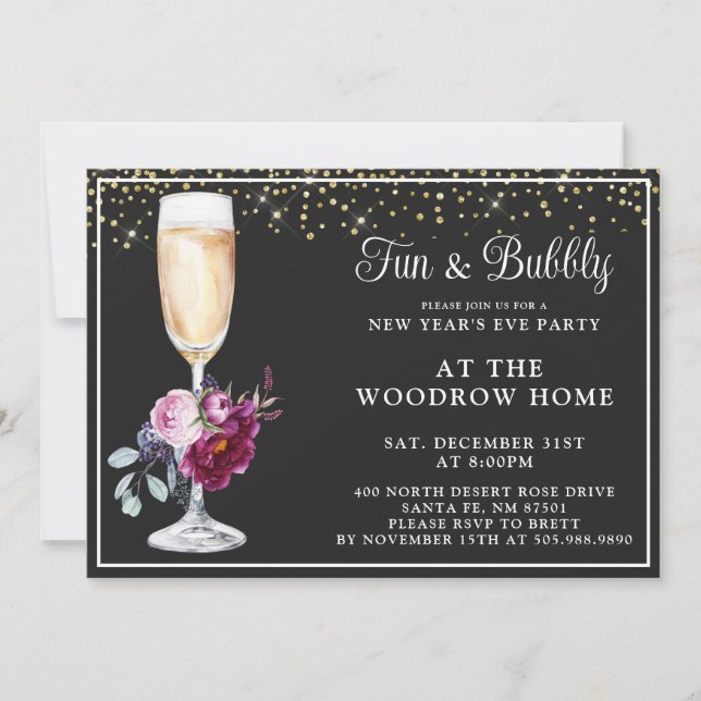 Champagne Glass Gold Black New Year's Eve Invitation (Front)