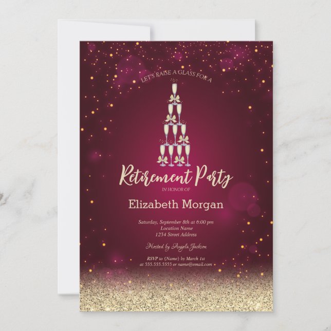 Champagne Glass Gold Bokeh Roses Red Retirement   Invitation (Front)