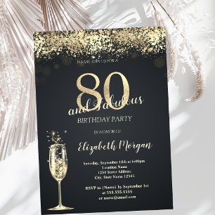 Champagne Glass Gold Confetti Dark 80th Birthday Invitation