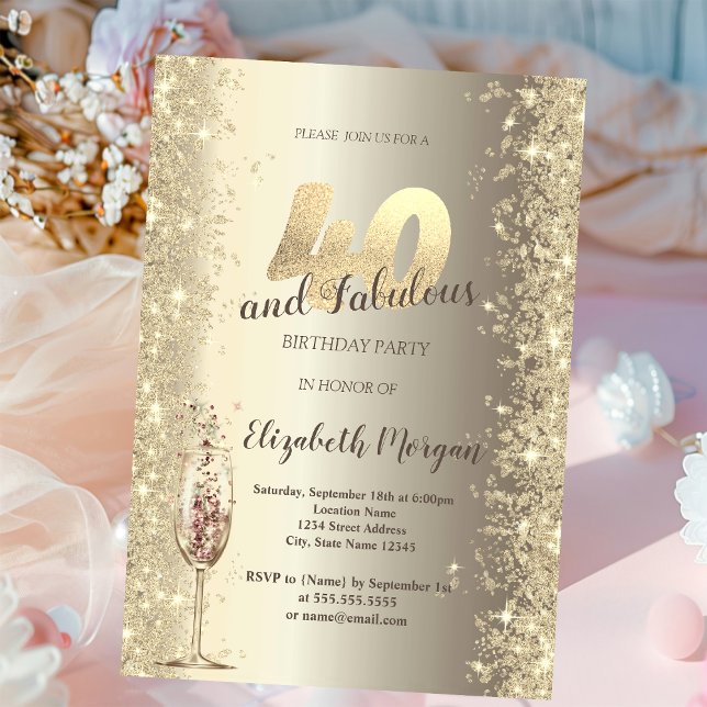 Champagne Glass Gold Confetti Frame 40th Birthday Invitation (Creator Uploaded)