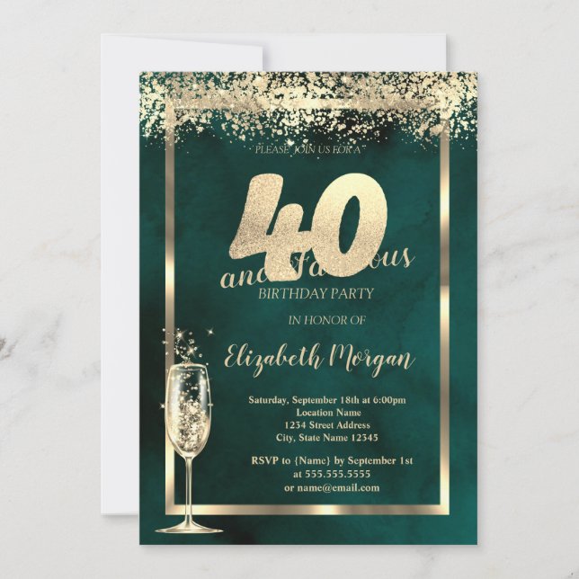Champagne Glass Gold Confetti Green 40th Birthday Invitation (Front)
