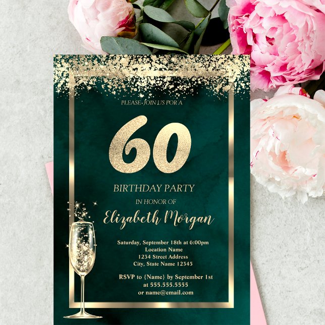 Champagne Glass Gold Confetti Green 60th Birthday Invitation (Creator Uploaded)