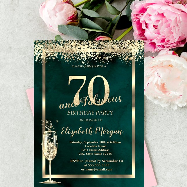Champagne Glass Gold Confetti Green 70th Birthday Invitation (Creator Uploaded)