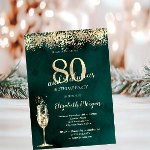 Champagne Glass Gold Confetti Green 80th Birthday Invitation