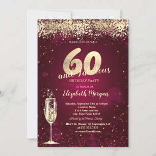Champagne Glass Gold Confetti Red 60th Birthday Invitation
