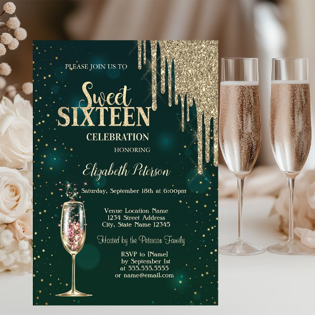 Champagne Glass,Gold Glitter Drips,Stars Sweet 16 Invitation (Creator Uploaded)
