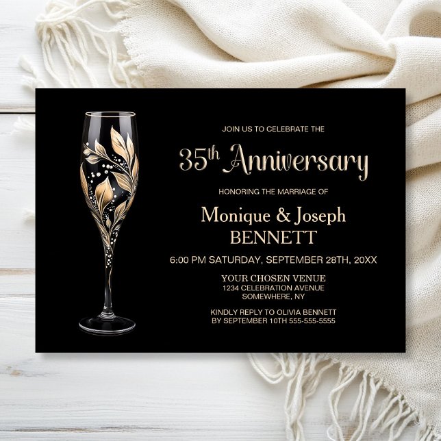 Champagne Glass Gold Leaf 35th Wedding Anniversary Invitation (Creator Uploaded)