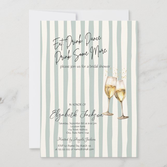 Champagne Glass Green Stripes Bridal Shower Invitation (Front)
