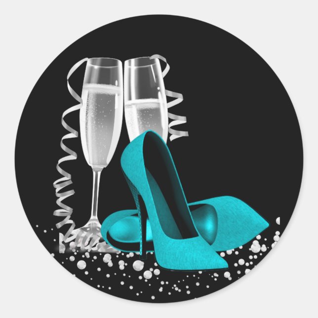 Champagne Glass High Heel Shoe Teal Blue Stickers (Front)
