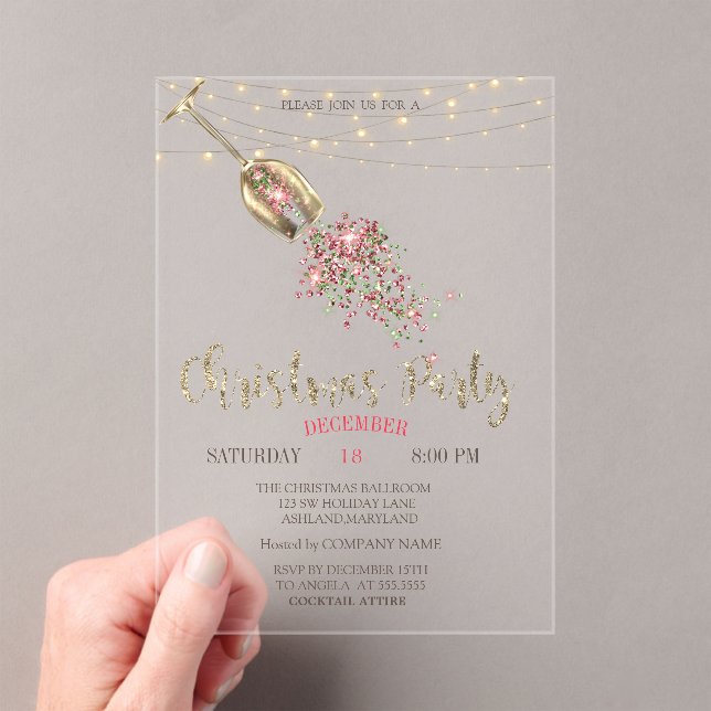 Champagne Glass,Lights Gold Christmas Company Acrylic Invitations (Insitu (Handheld))