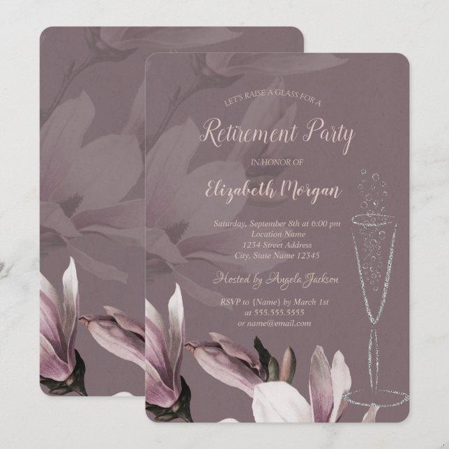 Champagne Glass Magnolia Retirement  Invitation (Front/Back)