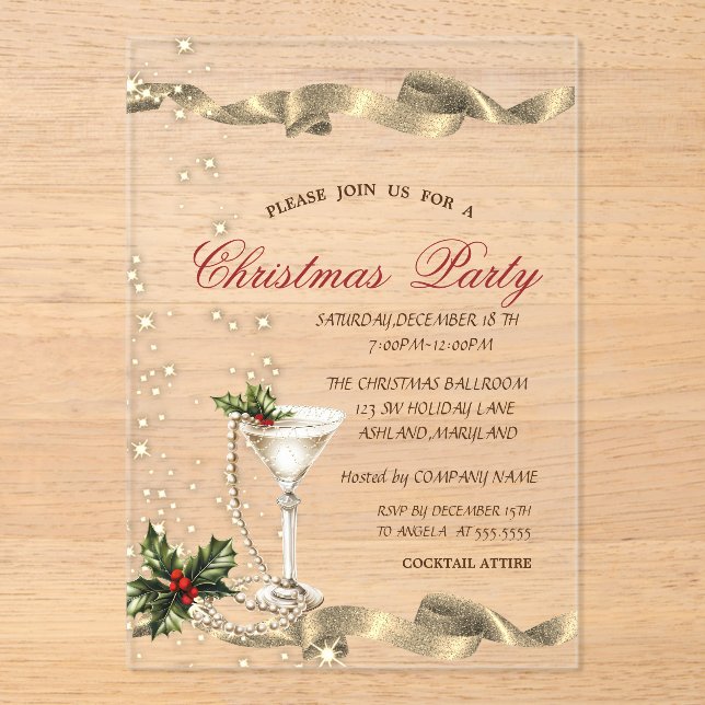  Champagne Glass Pearls Corporate Christmas Party Acrylic Invitations (Front)