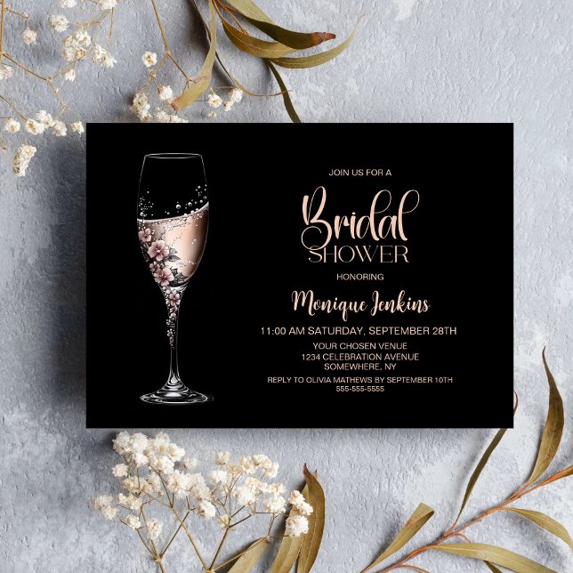 Champagne Glass Pink Floral Bridal Shower Invitation (Creator Uploaded)