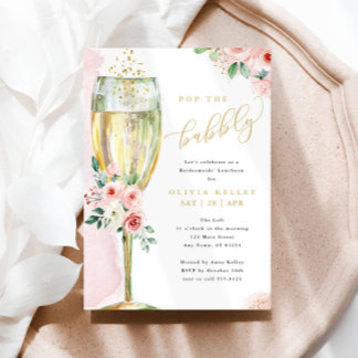 Champagne Glass Pink + Gold Floral Bridal Luncheon Invitation