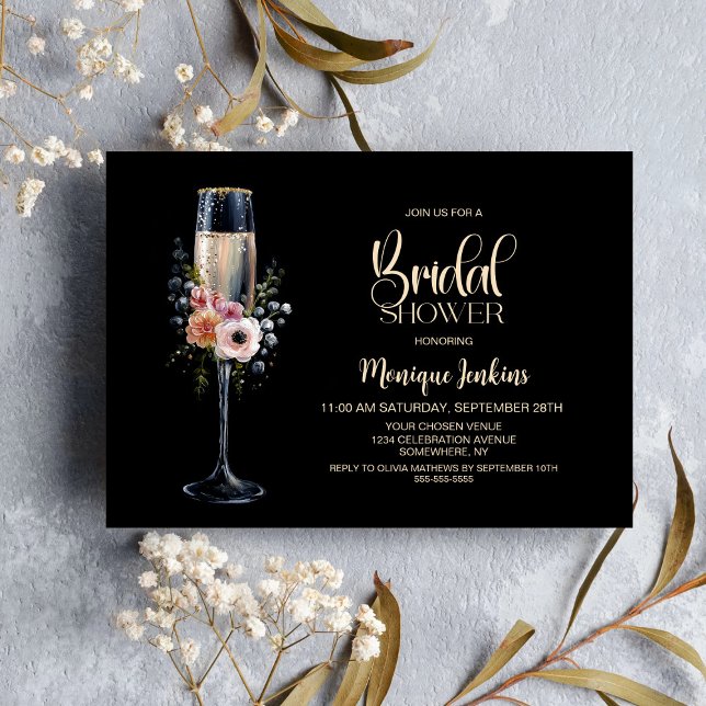Champagne Glass Pink Orange Floral Bridal Shower Invitation (Creator Uploaded)