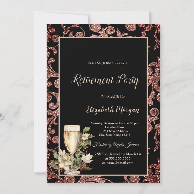 Champagne Glass Poinsettia Swirls Retirement Party Invitation (Front)