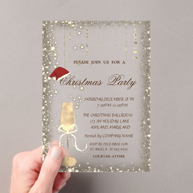 Champagne Glass Santa Hat Christmas Party Acrylic Invitations (Insitu (Handheld))