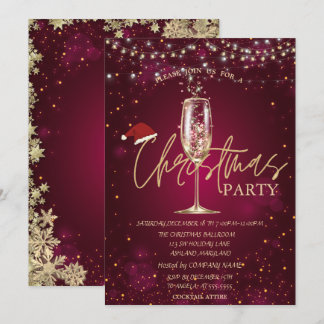 Champagne Glass Santa Hat Christmas Red Company Invitation